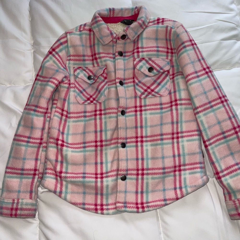 Eddie Bauer Pink Plaid Fleece Button-Front Shirt Jacket